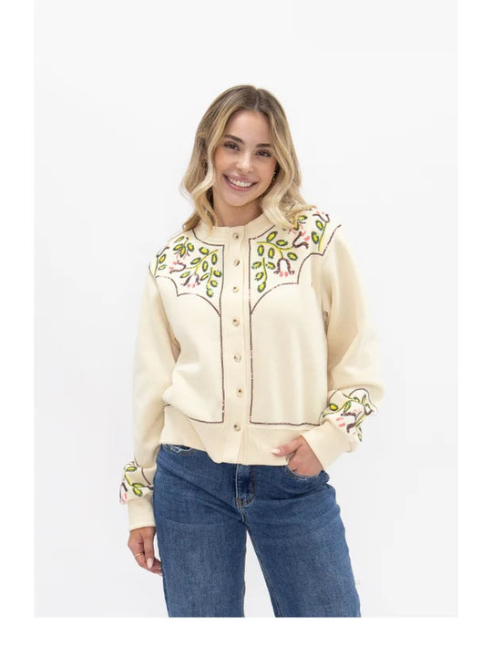 Ladies Grace + Emma Beige Sweatshirt Cardigan with Sequin Western Yoke
