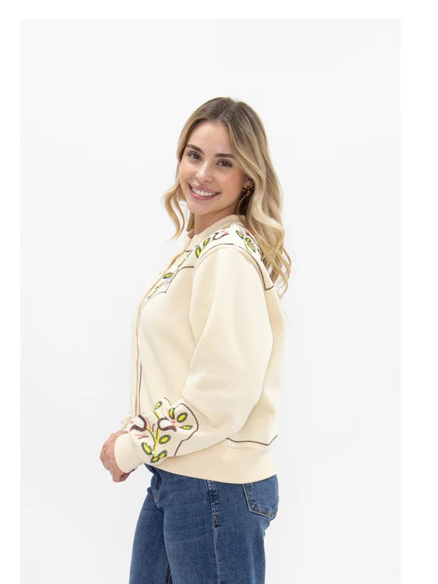 Ladies Grace + Emma Beige Sweatshirt Cardigan with Sequin Western Yoke