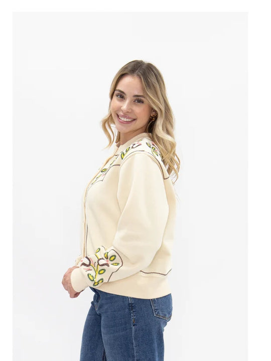 Ladies Grace + Emma Beige Sweatshirt Cardigan with Sequin Western Yoke