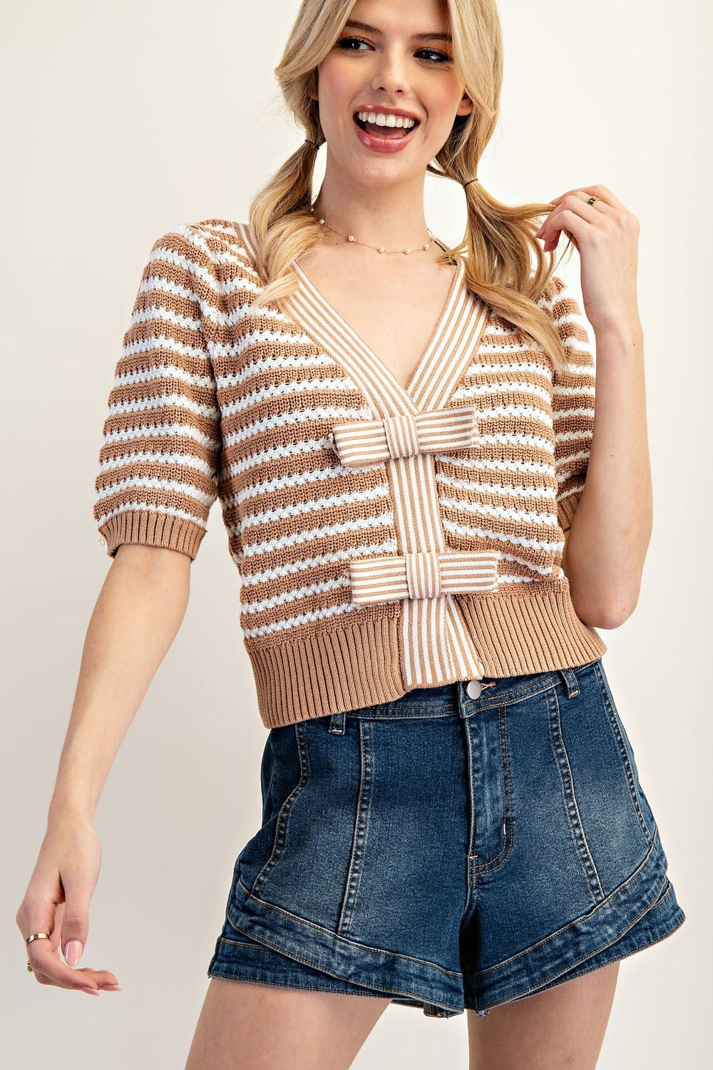 Ladies EESOME Striped V-Neck Knit Cardigan - SJH12156