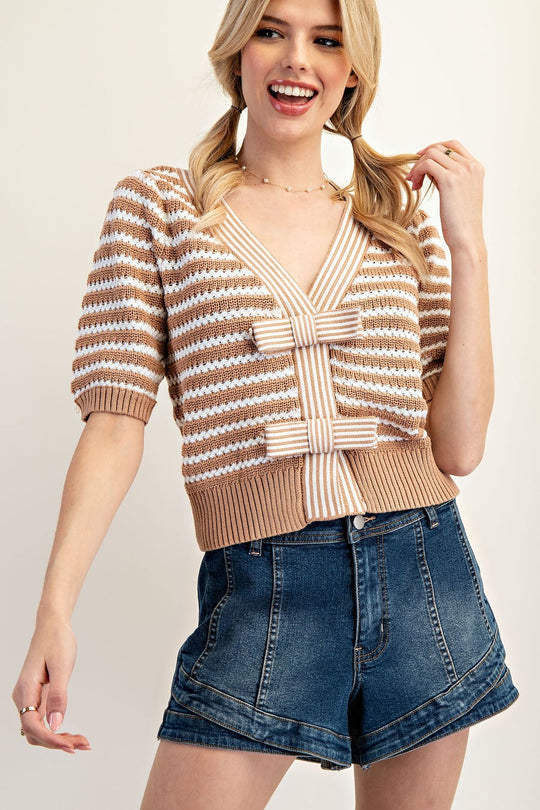 Ladies EESOME Striped V-Neck Knit Cardigan - SJH12156