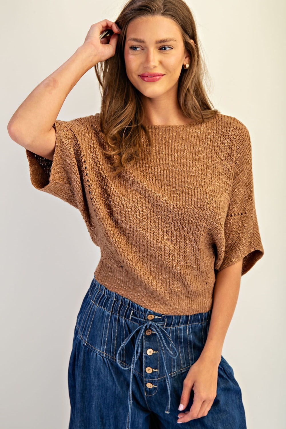 Ladies EESOME Cropped Half Dolman Sleeve Knit Sweater - SK14064