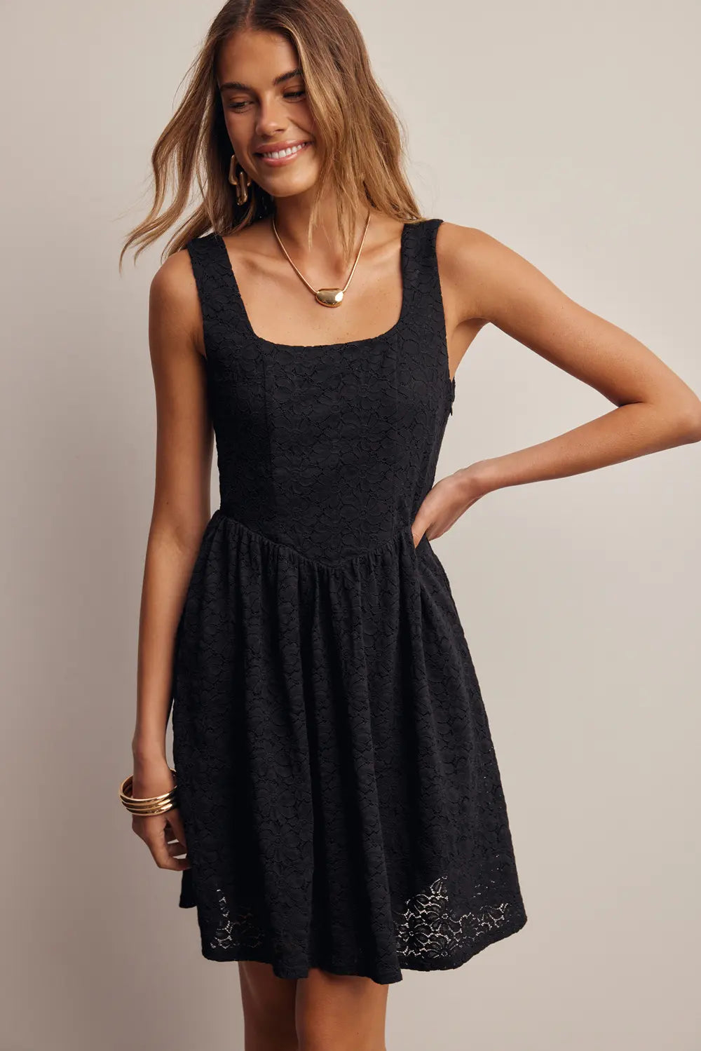 Ladies Listicle Floral Lace Mini Dress - FD0070-BLK