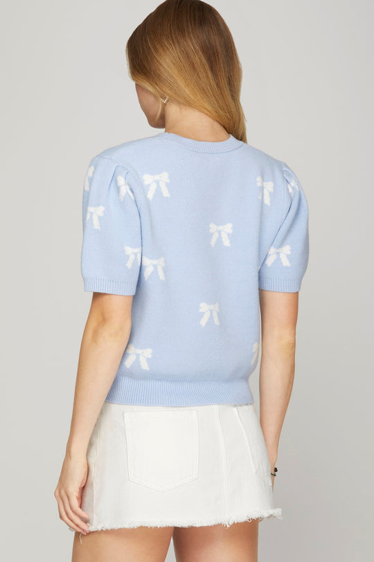 Ladies She + Sky Puff Short Sleeve Bow Pattern Sweater Top - SY7677R - FINAL SALE