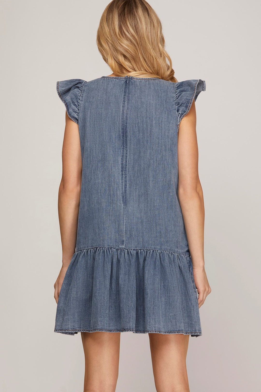 Ladies She + Sky Ruffled Sleeve Washed Denim Mini Dress - SY8265