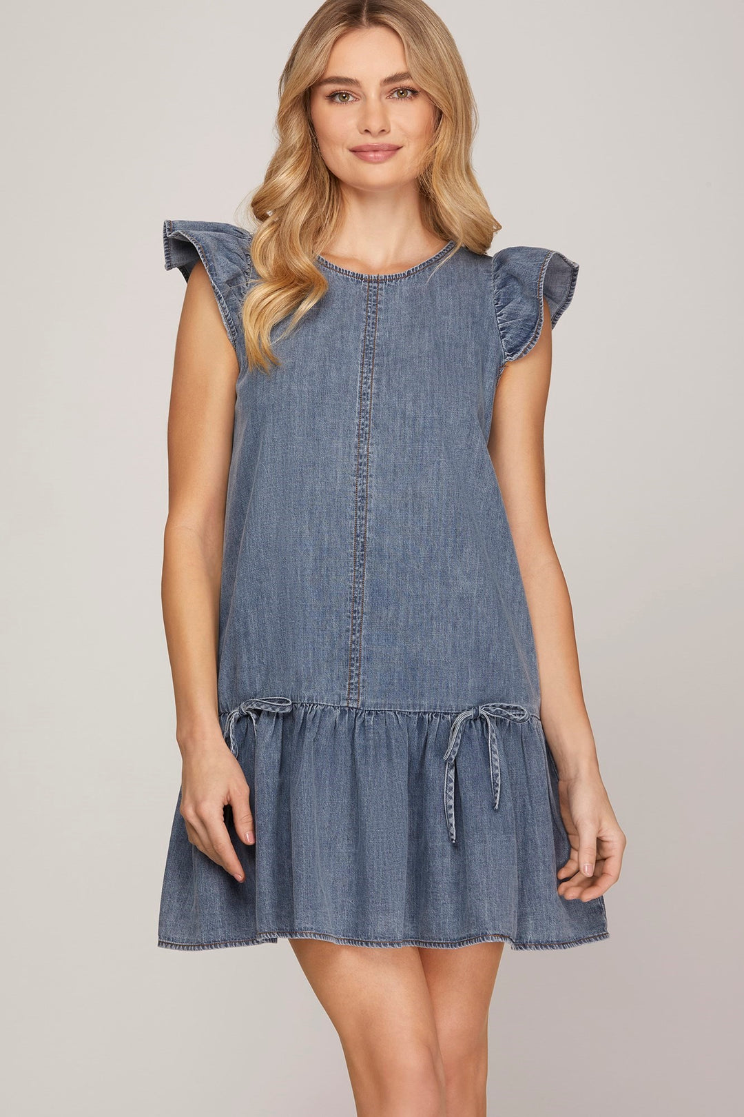 Ladies She + Sky Ruffled Sleeve Washed Denim Mini Dress - SY8265
