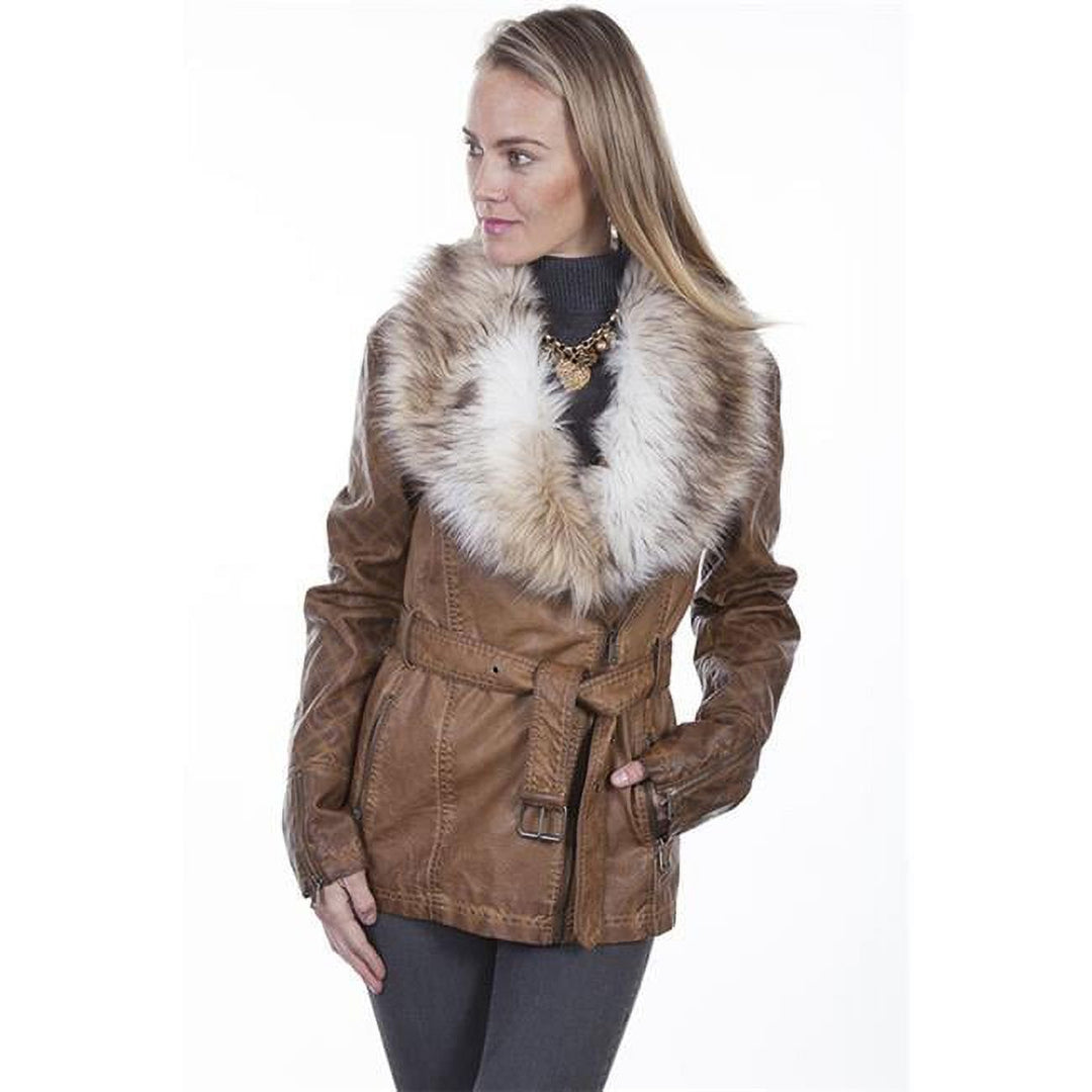 Ladies Scully Brown Leather Faux Fur Collar Jacket - 8029