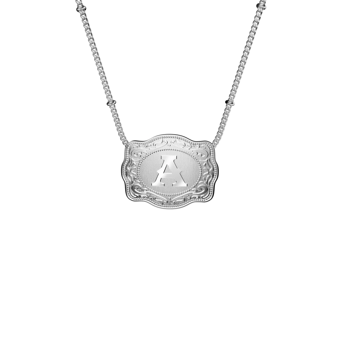 SpurWest Trading Co. Original Embossed Silver Initial Mini Belt Buckle Beaded Chain Necklace