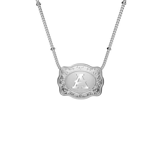 SpurWest Trading Co. Original Embossed Silver Initial Mini Belt Buckle Beaded Chain Necklace