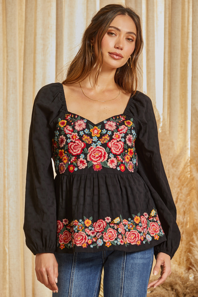 Ladies Savanna Jane Babydoll Top with Floral Embroidery - T12230