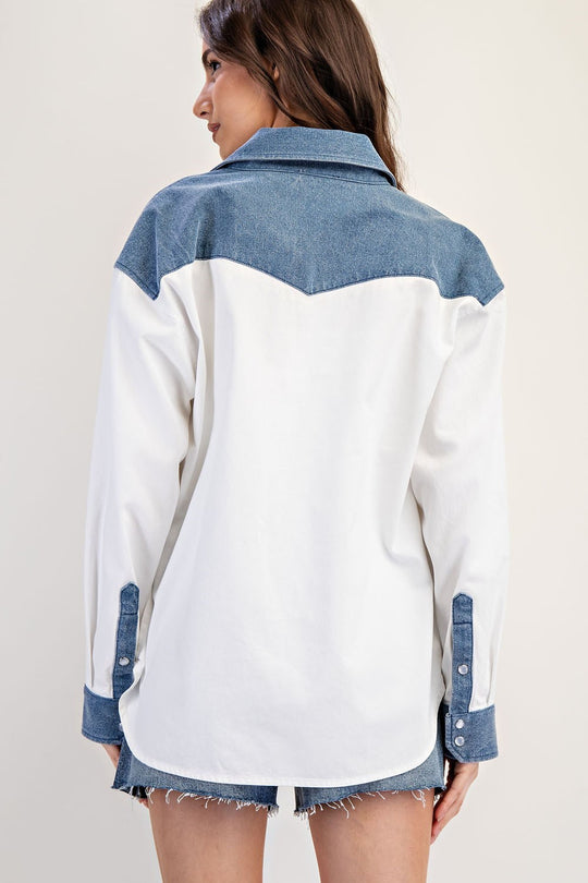 Ladies EESOME Color Block Denim Button Down Shirt - TH12434