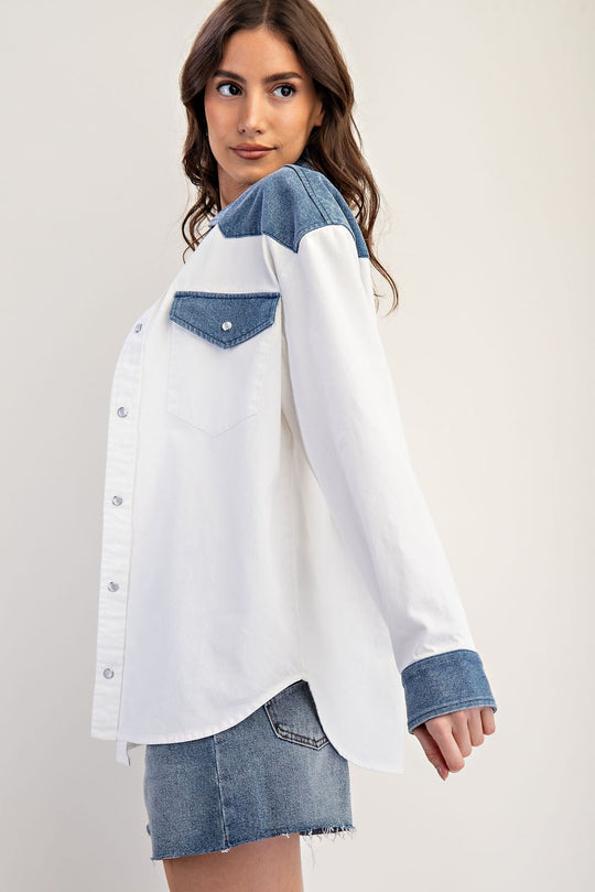 Ladies EESOME Color Block Denim Button Down Shirt - TH12434