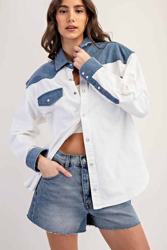 Ladies EESOME Color Block Denim Button Down Shirt - TH12434