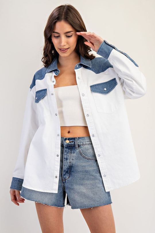 Ladies EESOME Color Block Denim Button Down Shirt - TH12434