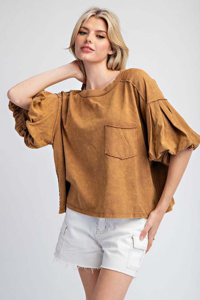 Ladies EESome Mineral Washed Puff Sleeve Top - TK11546