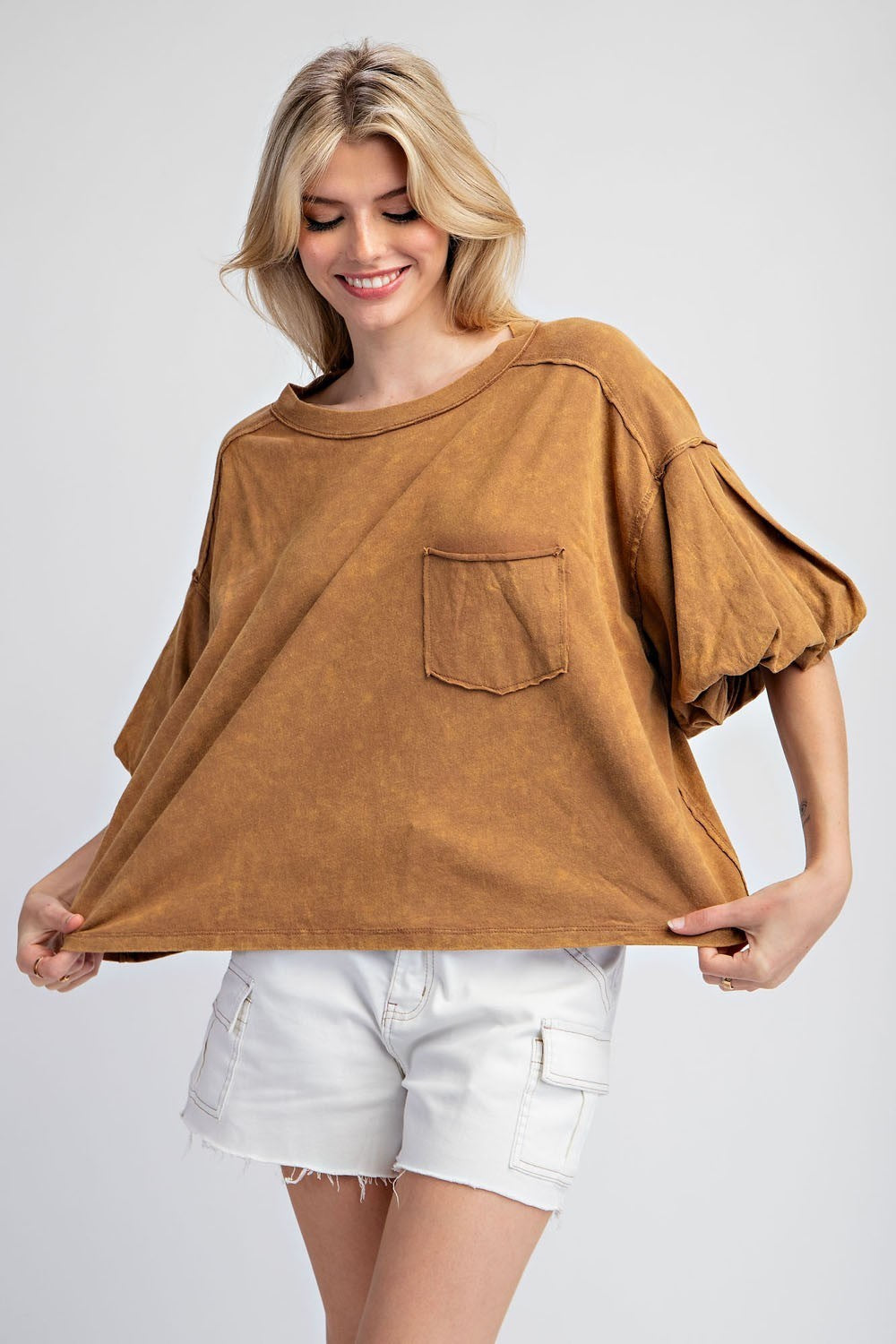 Ladies EESome Mineral Washed Puff Sleeve Top - TK11546