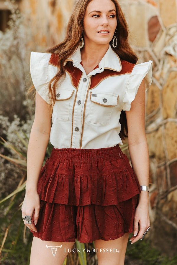 Ladies Lucky & Blessed Beige Stretch Denim Camel Wash Western Yoke Ruffle Sleeve Button Down Shirt - TO1382-BGE