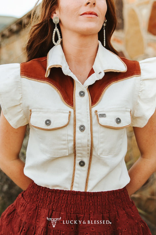 Ladies Lucky & Blessed Beige Stretch Denim Camel Wash Western Yoke Ruffle Sleeve Button Down Shirt - TO1382-BGE