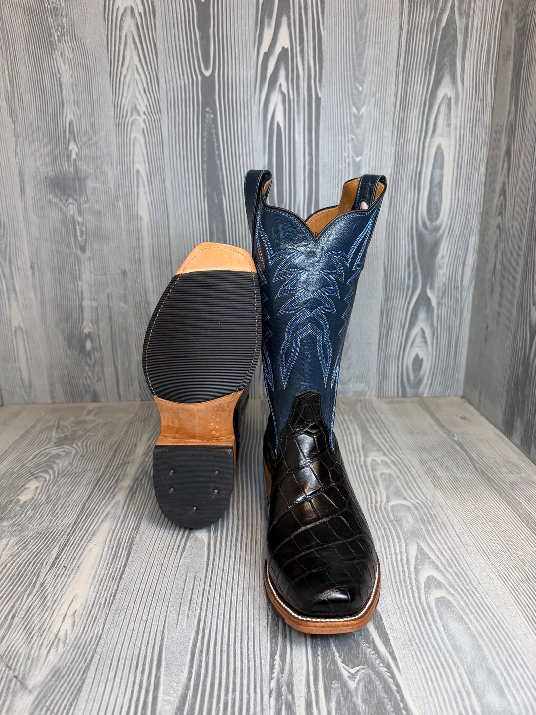 Men's Rios of Mercedes Black Salt Water Crocodile with 13" Navy Calf Tops - Style 138