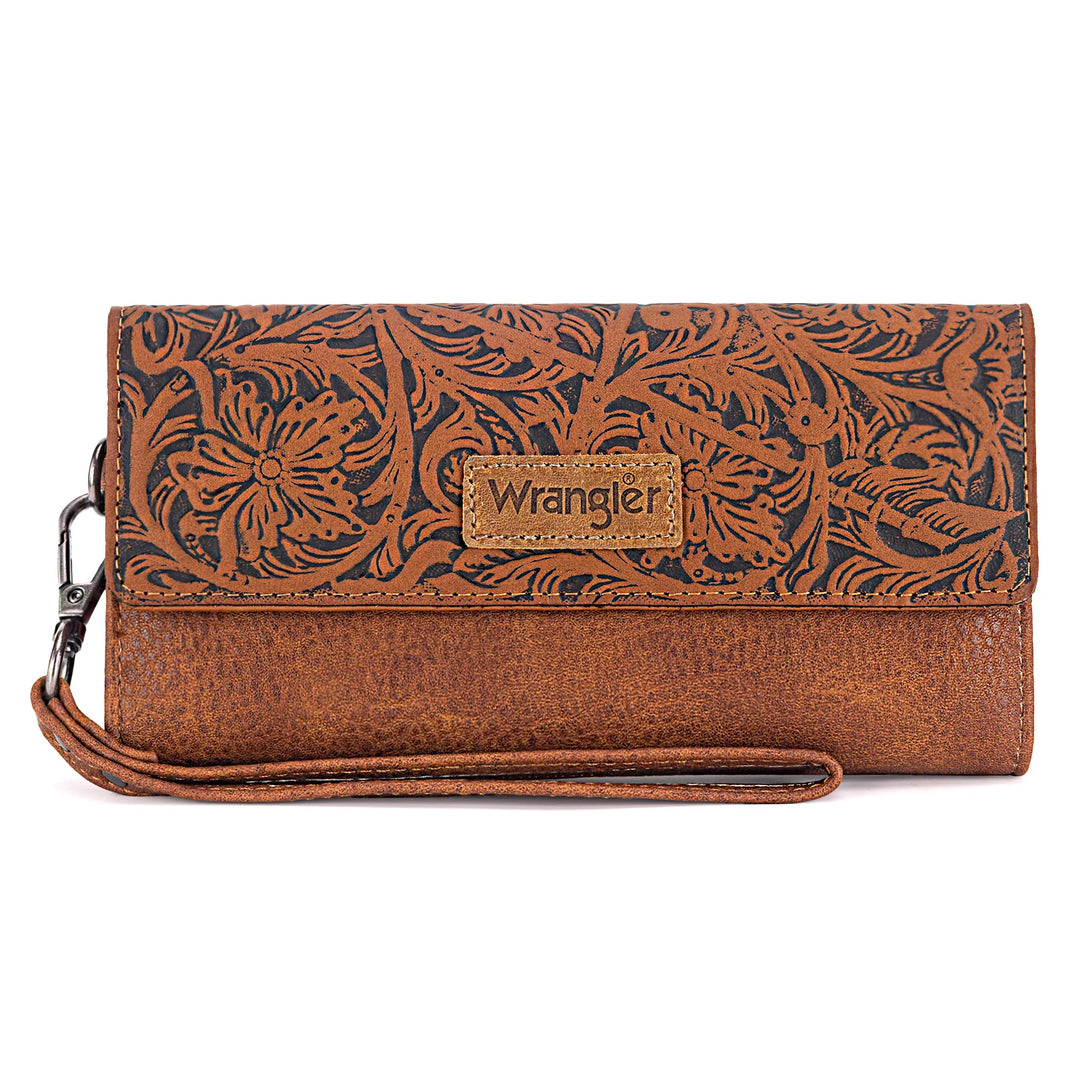 Ladies Wrangler Western Floral Tooled Tri-fold RFID Wallet/Wristlet - WG196-W056BR