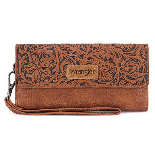 Ladies Wrangler Western Floral Tooled Tri-fold RFID Wallet/Wristlet - WG196-W056BR