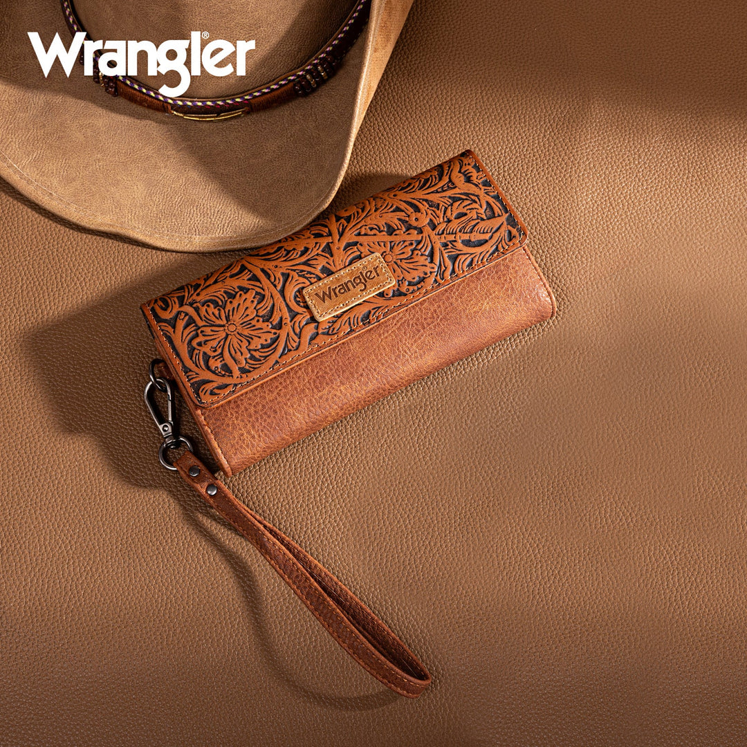 Ladies Wrangler Western Floral Tooled Tri-fold RFID Wallet/Wristlet - WG196-W056BR