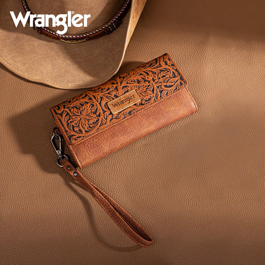 Ladies Wrangler Western Floral Tooled Tri-fold RFID Wallet/Wristlet - WG196-W056BR