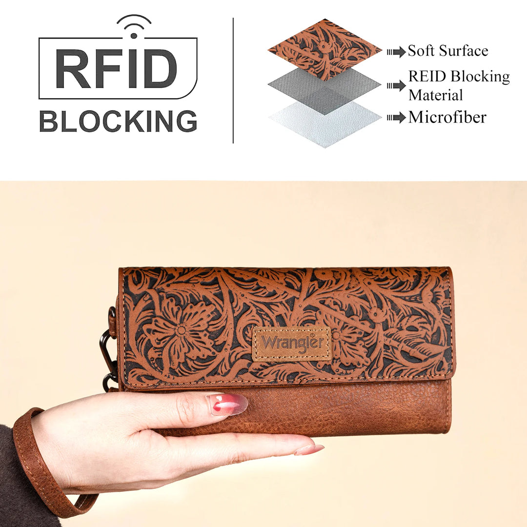 Ladies Wrangler Western Floral Tooled Tri-fold RFID Wallet/Wristlet - WG196-W056BR