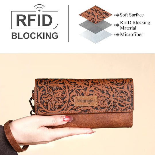 Ladies Wrangler Western Floral Tooled Tri-fold RFID Wallet/Wristlet - WG196-W056BR