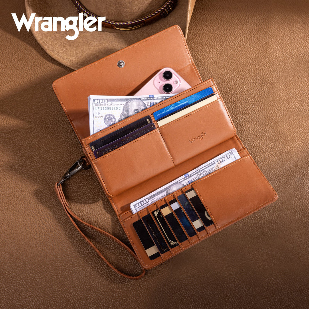 Ladies Wrangler Western Floral Tooled Tri-fold RFID Wallet/Wristlet - WG196-W056BR