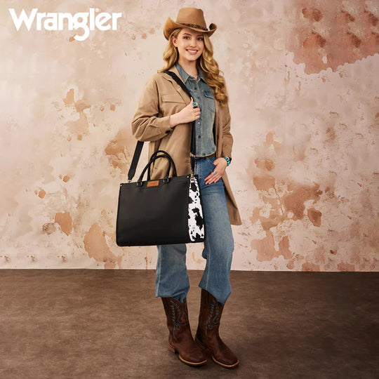 Wrangler Carry-All Large Black Cow Print Work Tote/Crossbody - WG389-8119