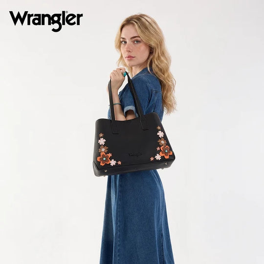 Wrangler Black Floral Accent Tote Shoulder Bag - WG482-8130BK
