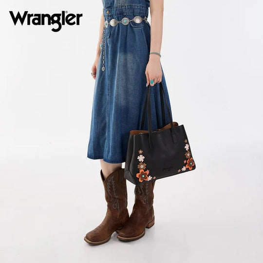 Wrangler Black Floral Accent Tote Shoulder Bag - WG482-8130BK