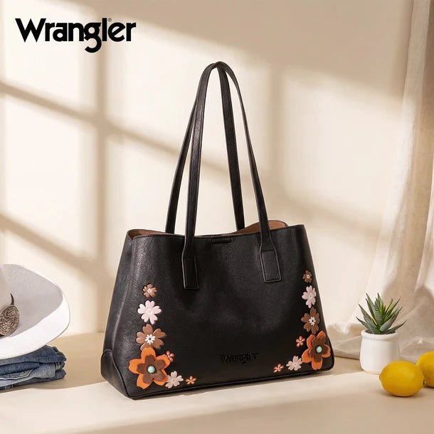 Wrangler Black Floral Accent Tote Shoulder Bag - WG482-8130BK