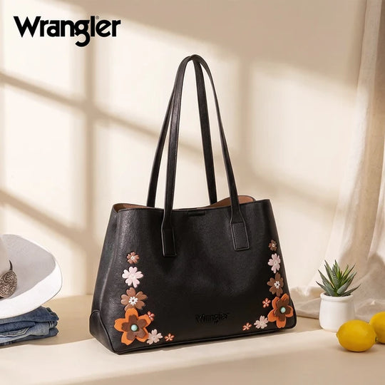 Wrangler Black Floral Accent Tote Shoulder Bag - WG482-8130BK