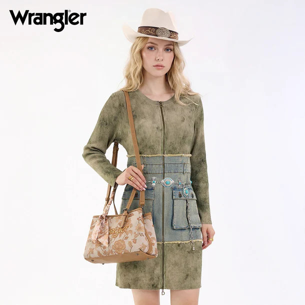 Wrangler Floral Printed Braided Scarf Gold Crossbody Bag - WG510-8130GD