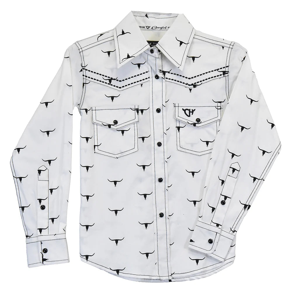 Girl's Cowboy Hardware White "Skull Scatter" Long Sleeve Western Shirt - 425663-020