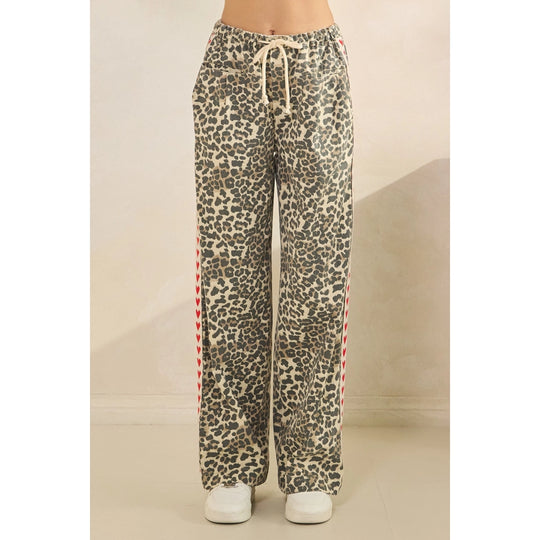 Ladies Veveret Leopard Printed Striped Wide Legged Pants - VP72572