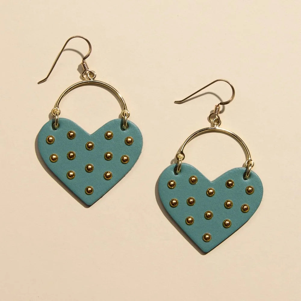 Nickel & Suede Agave Green Harlow Studded Heart Hoop Earrings