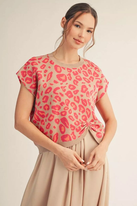 Ladies Jodifl Drop Shoulder Leopard Sweater Knot Detail - G15760 Hot Pink