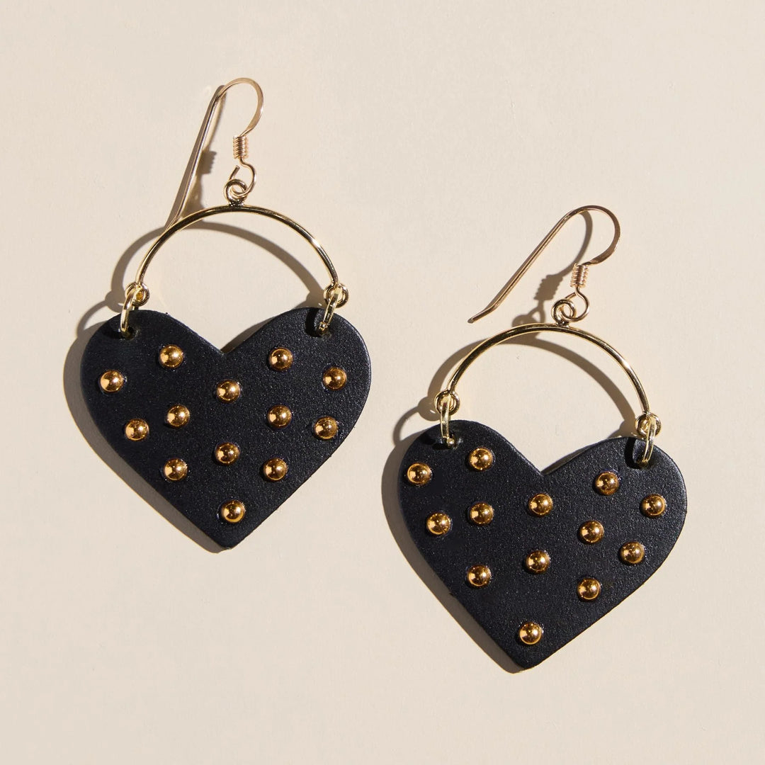 Nickel & Suede Black Harlow Studded Heart Hoop Earrings