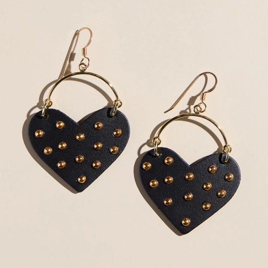 Nickel & Suede Black Harlow Studded Heart Hoop Earrings