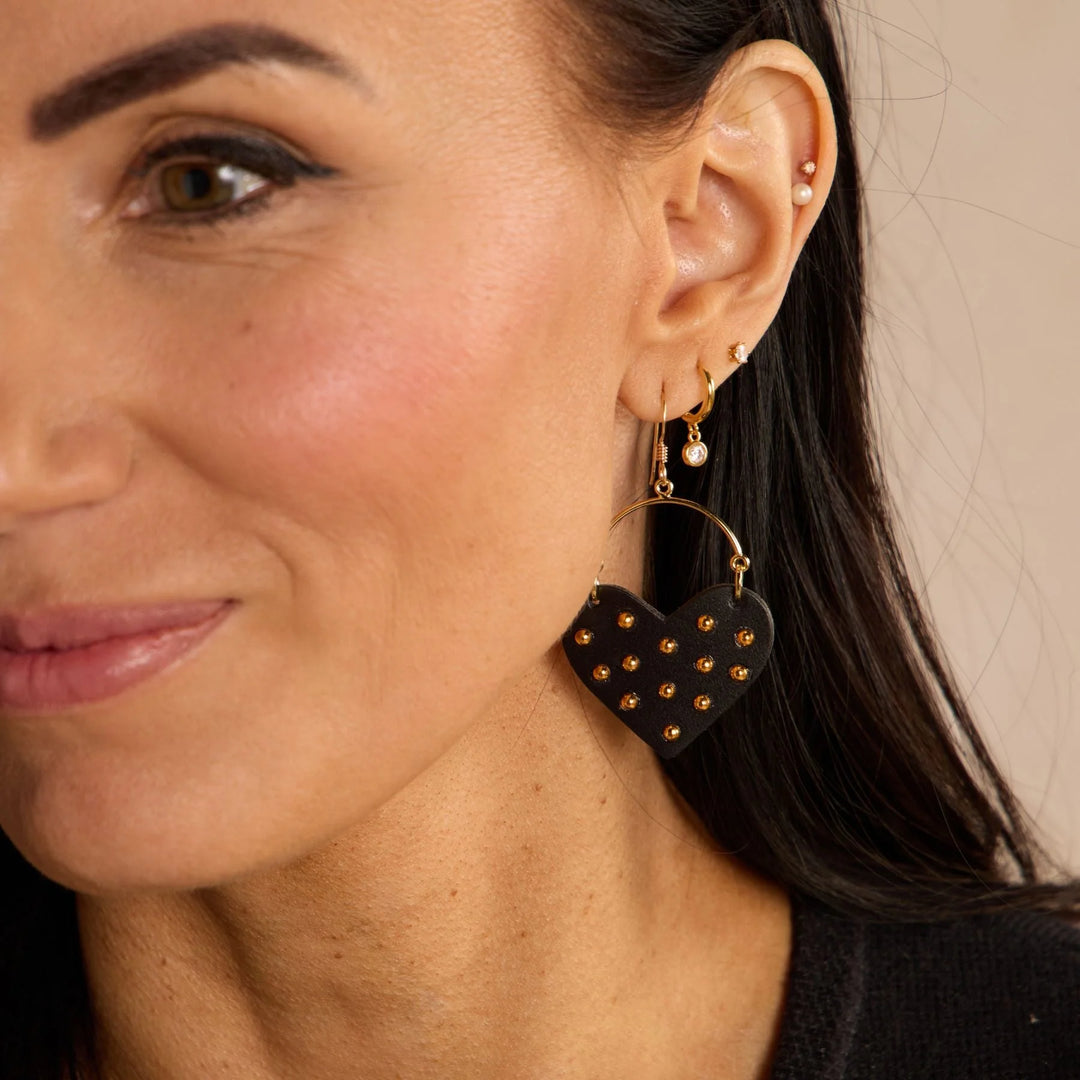 Nickel & Suede Black Harlow Studded Heart Hoop Earrings