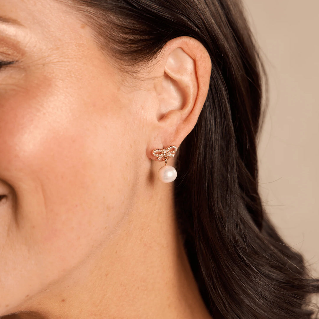 Nickel & Suede Bow and Pearl Stud Earrings