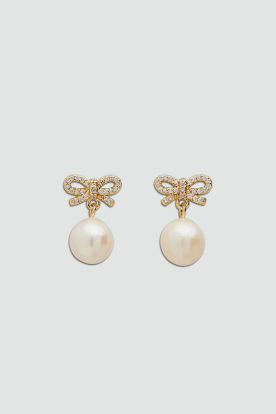 Nickel & Suede Bow and Pearl Stud Earrings