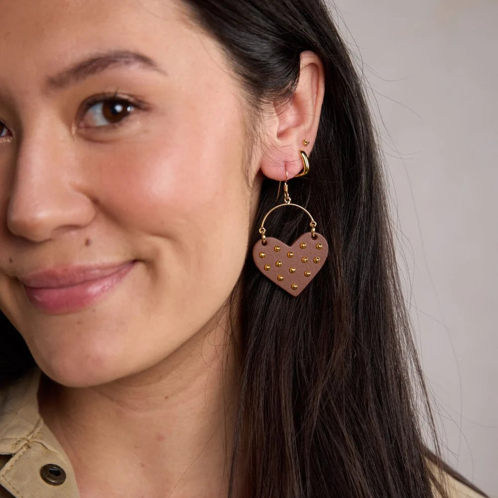 Nickel & Suede Brown Harlow Studded Heart Hoop Earrings