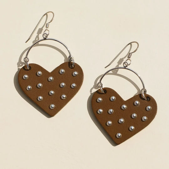 Nickel & Suede Brown Harlow Studded Heart Hoop Earrings