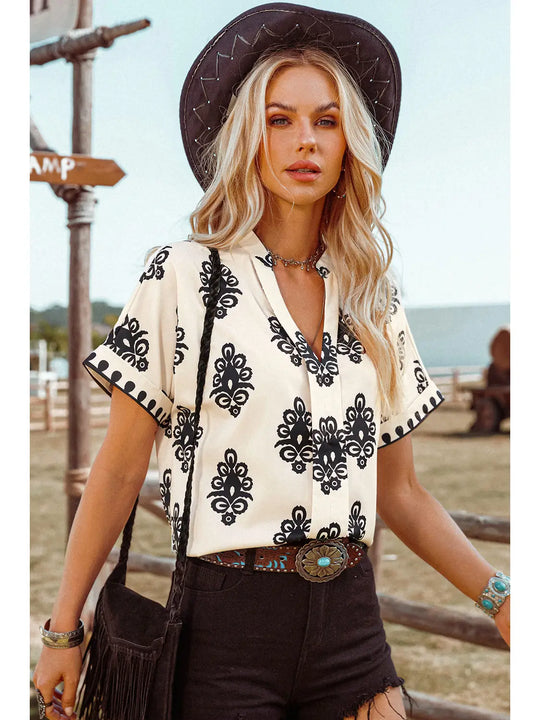Ladies Fashion Works Boho Geometric Print Short Sleeve V Neck Blouse