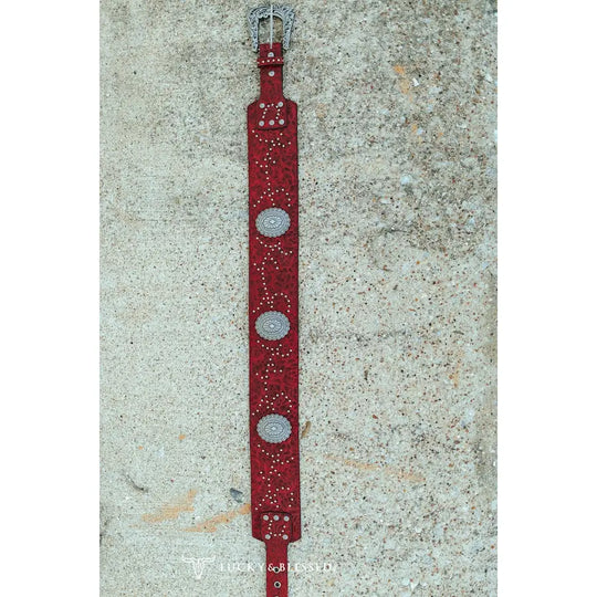 Lucky & Blessed Red Tooled Genuine Leather Studded Wide Belt