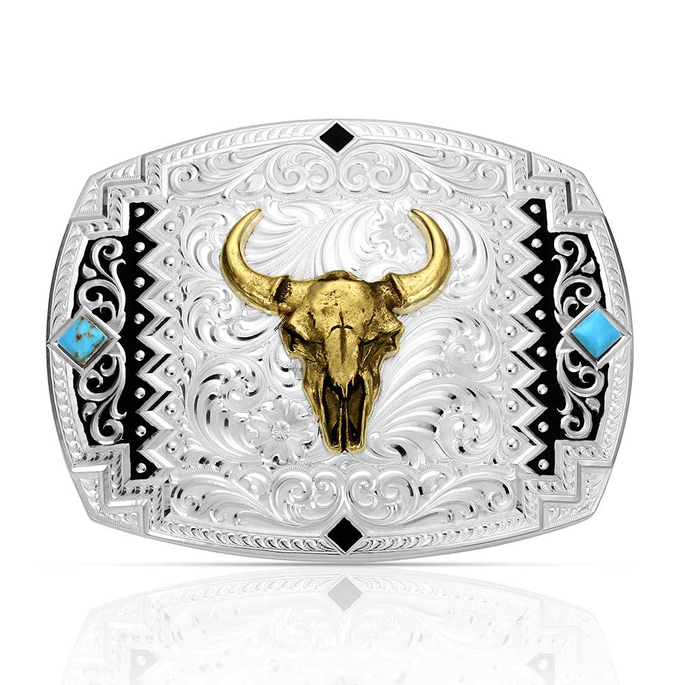 Montana Silversmiths Southwest Scroll Buckle with Buffalo Skull - 56100-1015